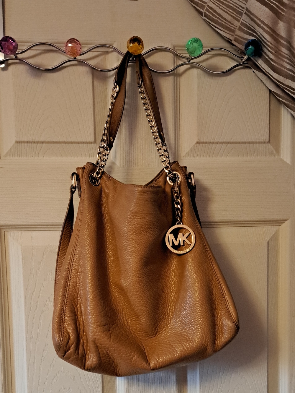 Michael Kors Camel Brown Leather Shoulder Bag with Chain Straps